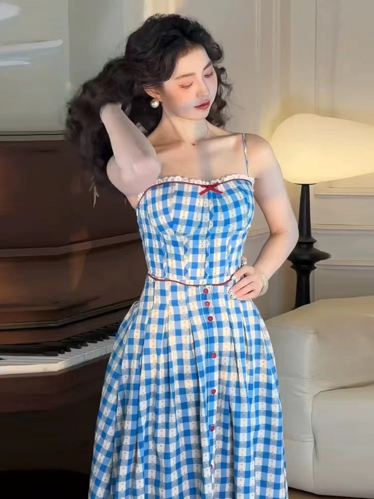 Virginia Plaid Strap Maxi Dress in Blue Avalabel