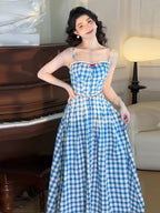 Virginia Plaid Strap Maxi Dress in Blue Avalabel