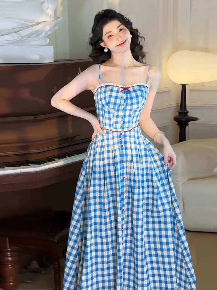 Virginia Plaid Strap Maxi Dress in Blue Avalabel