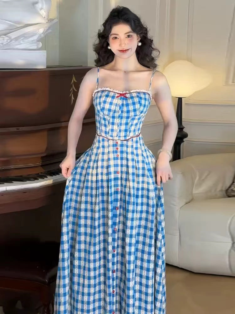 Virginia Plaid Strap Maxi Dress in Blue Avalabel