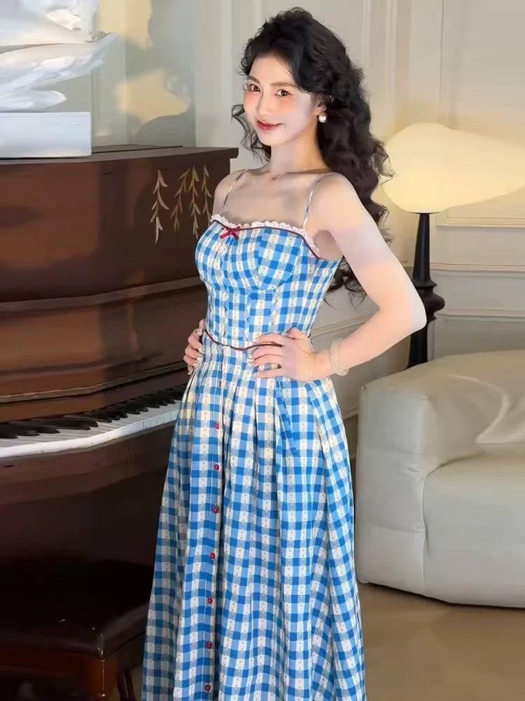 Virginia Plaid Strap Maxi Dress in Blue Avalabel