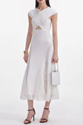 White Knit Lace Insert Midi Dress Avalabel