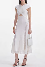 White Knit Lace Insert Midi Dress Avalabel