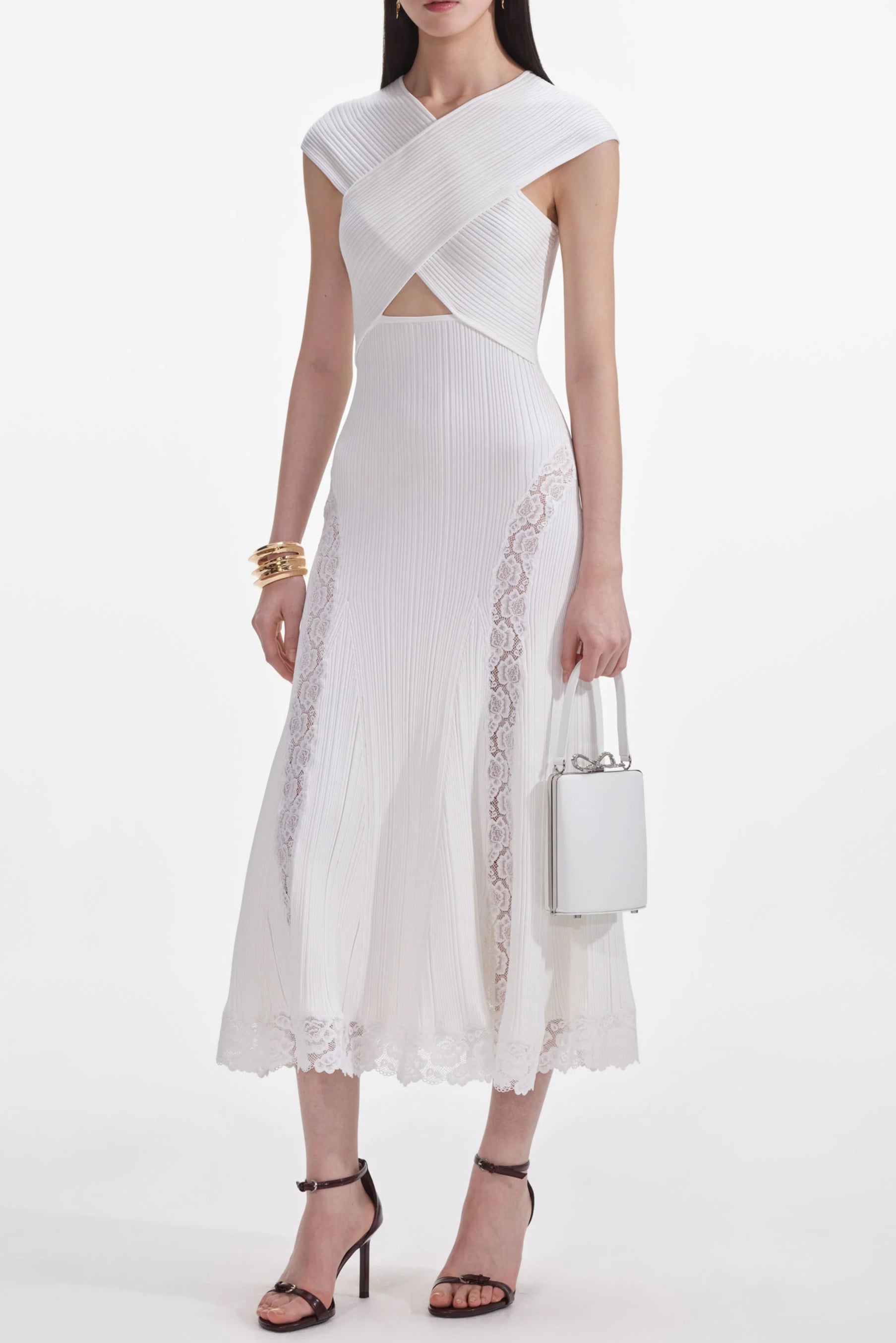 White Knit Lace Insert Midi Dress Avalabel