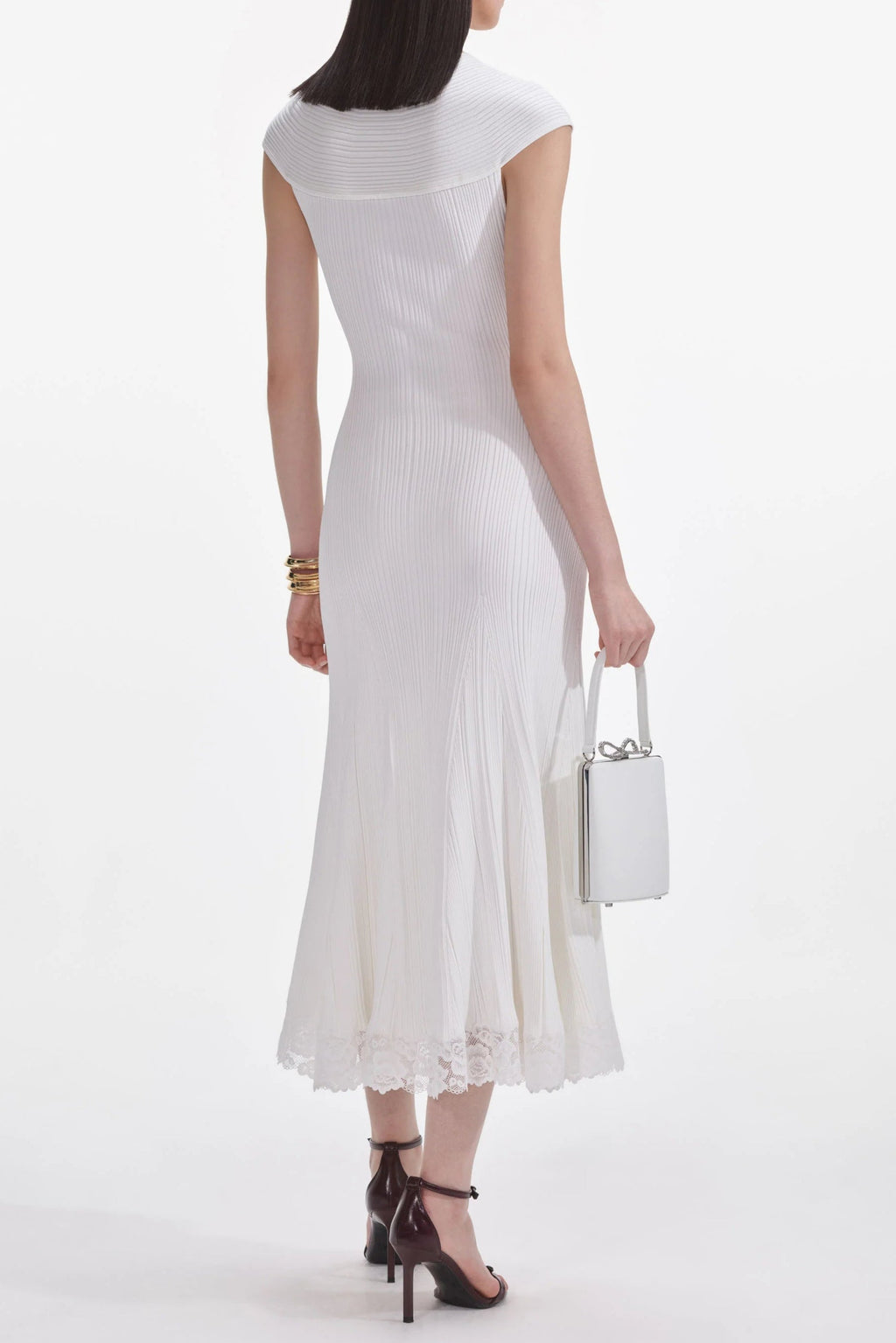 White Knit Lace Insert Midi Dress Avalabel