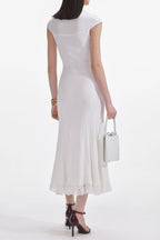 White Knit Lace Insert Midi Dress Avalabel