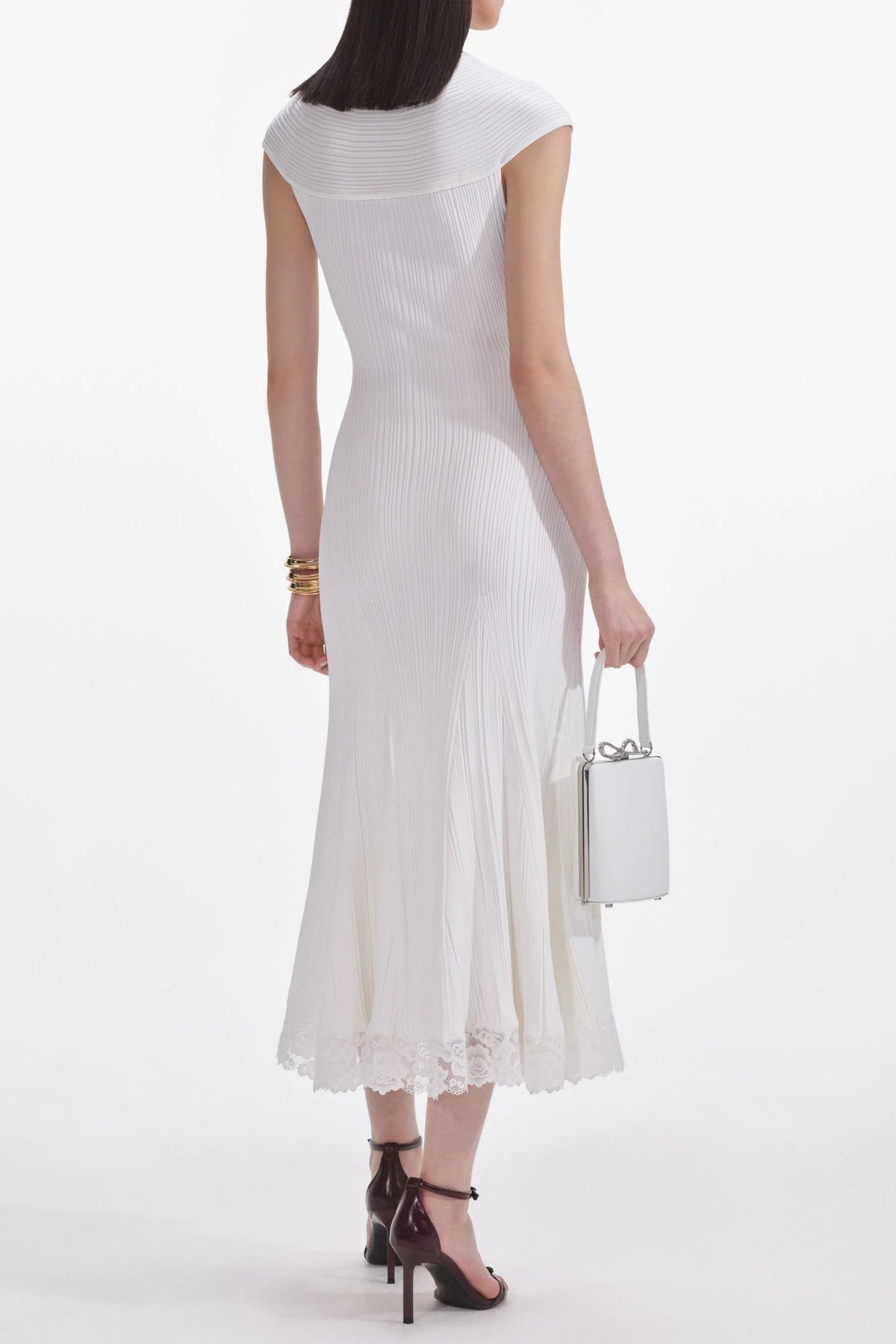 White Knit Lace Insert Midi Dress Avalabel