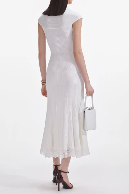 White Knit Lace Insert Midi Dress
