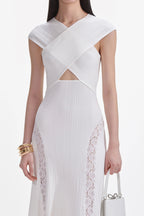 White Knit Lace Insert Midi Dress Avalabel