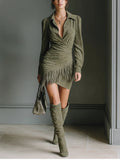 Olive Green Faux Suede V-Neck Wrap Mini Dress Avalabel
