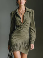 Olive Green Faux Suede V-Neck Wrap Mini Dress Avalabel