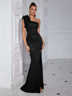 Floral One Shoulder Ruched Split Prom Dress Avalabel