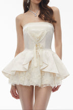 Strapless Lace Trim Corset Peplum Skort Romper poava