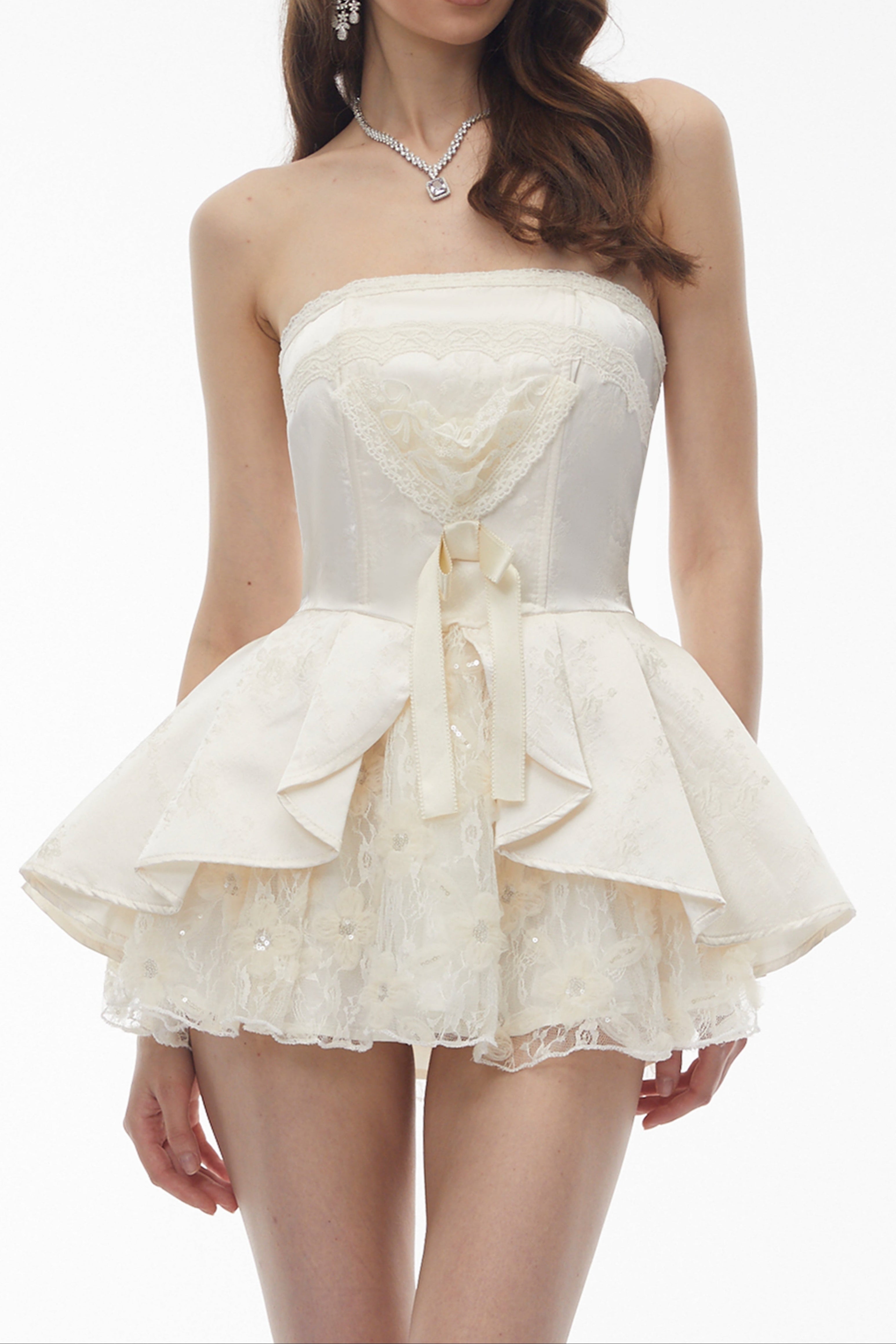 Strapless Lace Trim Corset Peplum Skort Romper poava