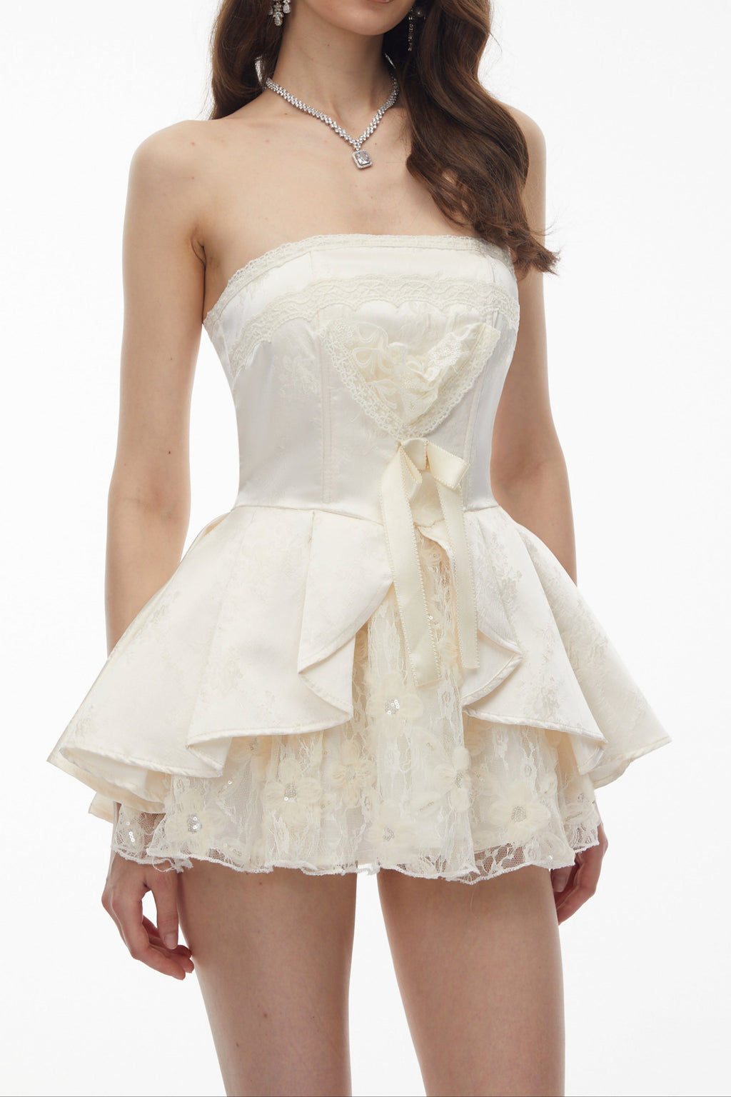 Strapless Lace Trim Corset Peplum Skort Romper poava