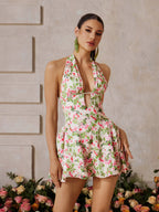 Plunge Neck Floral Mini Dress Avalabel