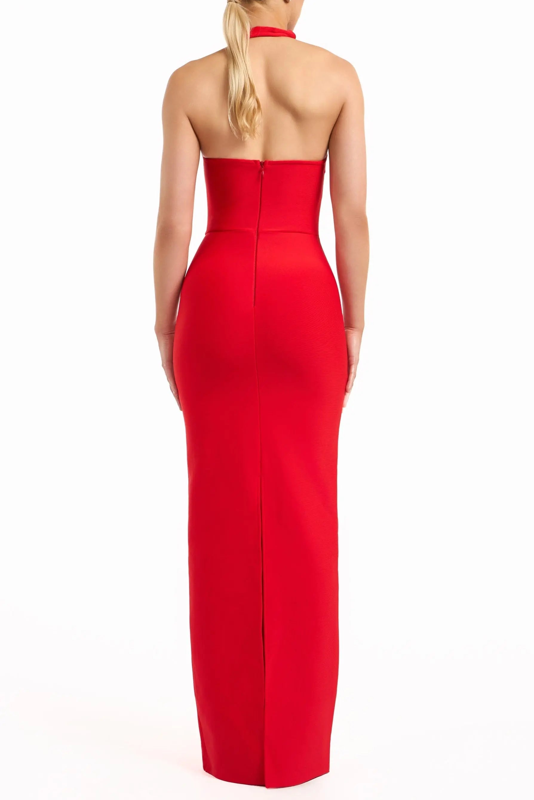 lara cutout backless Halter bandage maxi dress in red Avalabel
