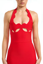 lara cutout backless Halter bandage maxi dress in red Avalabel