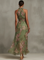 Polly Green Floral Chiffon Halter Maxi Dress Avalabel