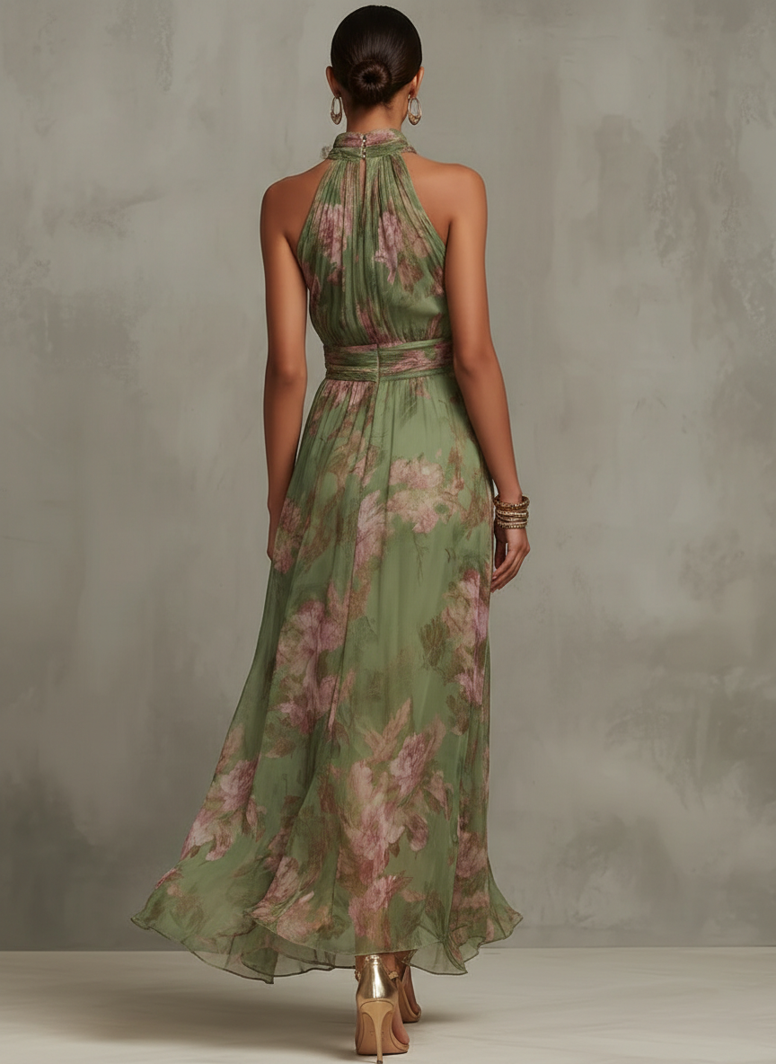 Polly Green Floral Chiffon Halter Maxi Dress Avalabel