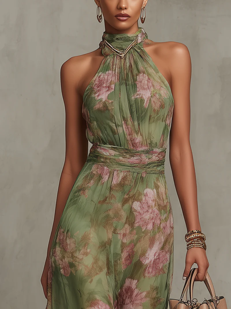 Polly Green Floral Chiffon Halter Maxi Dress Avalabel