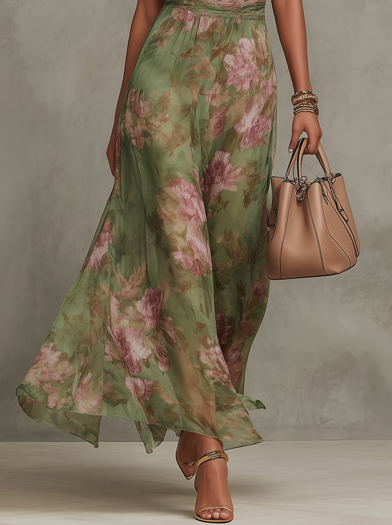 Polly Green Floral Chiffon Halter Maxi Dress Avalabel