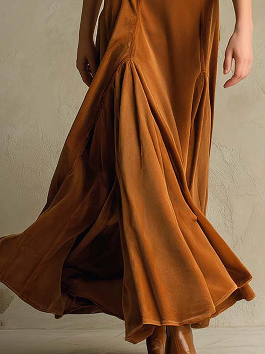 Brown Elegant Retro Suit Collar Velvet Long Dress Avalabel
