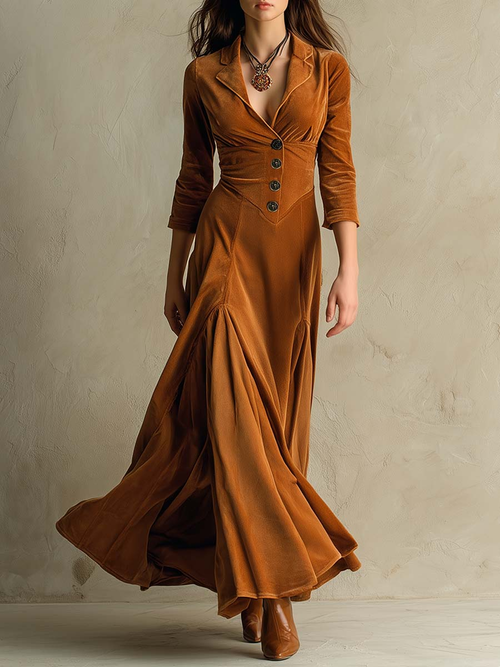 Brown Elegant Retro Suit Collar Velvet Long Dress Avalabel
