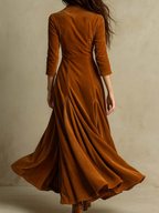 Brown Elegant Retro Suit Collar Velvet Long Dress Avalabel