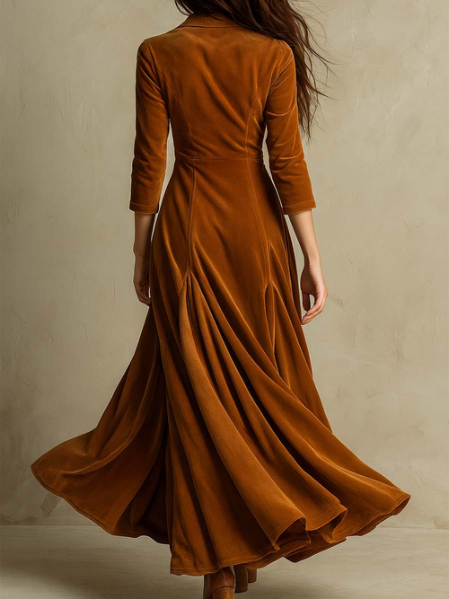 Brown Elegant Retro Suit Collar Velvet Long Dress Avalabel