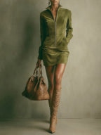 Brown Faux Suede Stand Collar Zipper Mini Dress Avalabel
