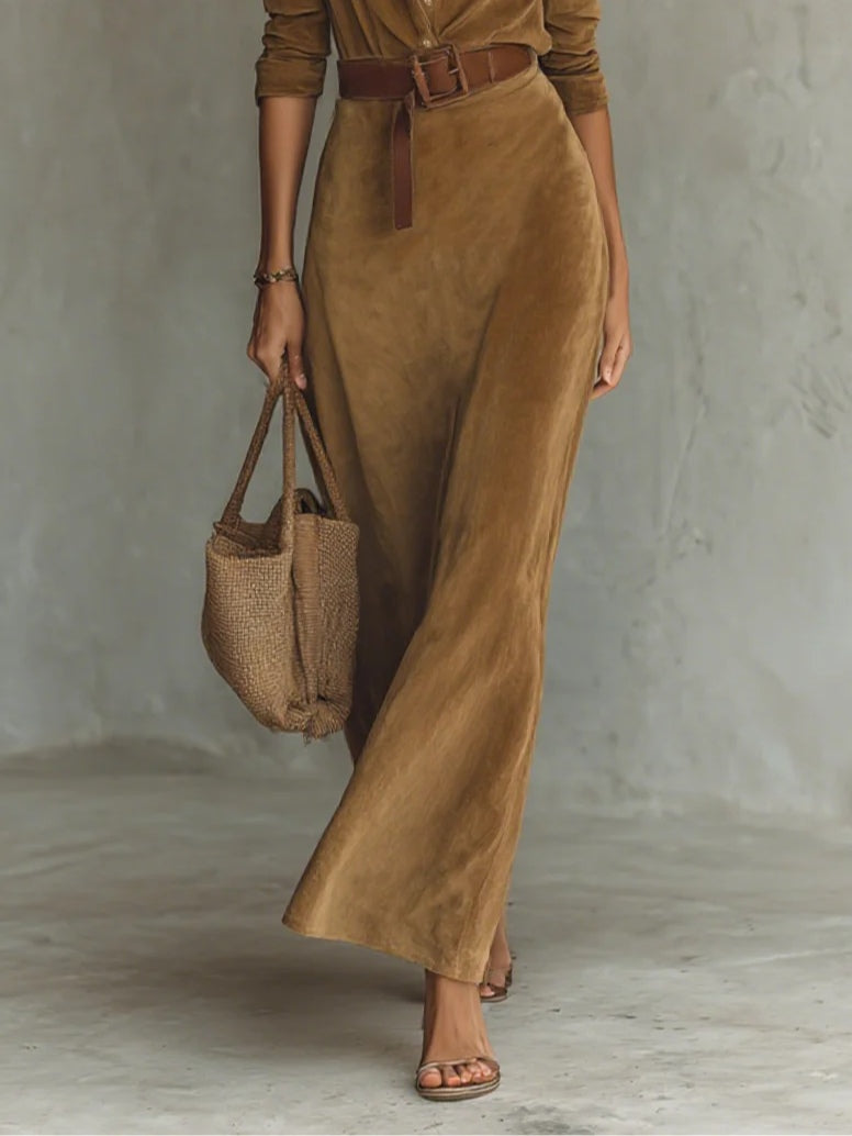 Suede Single-breasted Lapel Maxi Dress Avalabel