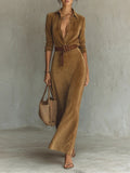 Suede Single-breasted Lapel Maxi Dress Avalabel