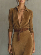 Suede Single-breasted Lapel Maxi Dress Avalabel