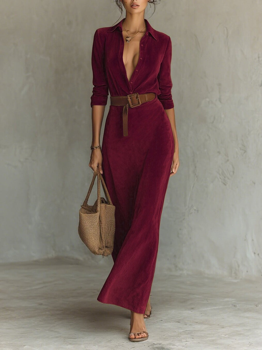 Suede Single-breasted Lapel Maxi Dress Avalabel