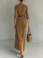Suede Single-breasted Lapel Maxi Dress Avalabel