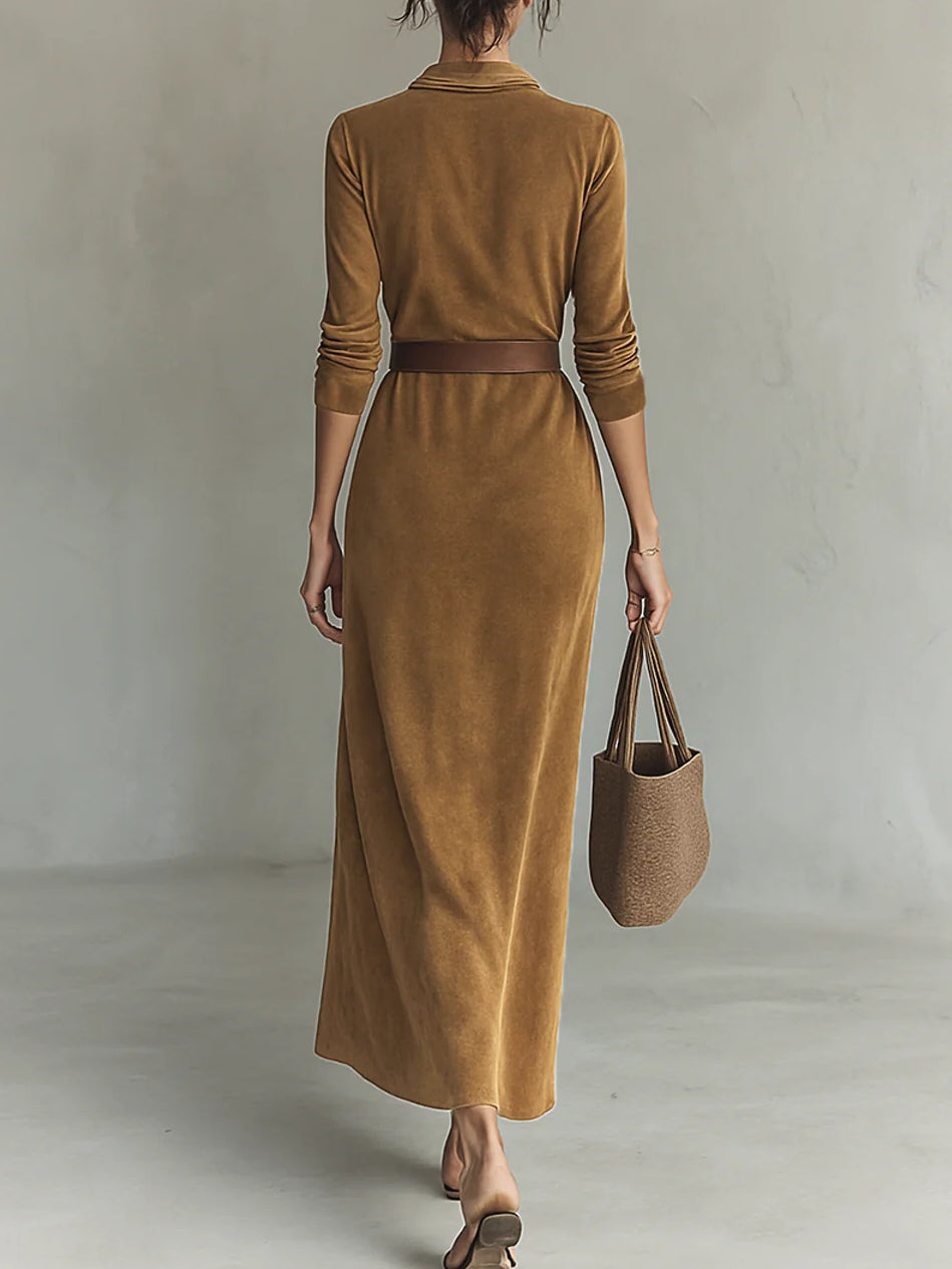 Suede Single-breasted Lapel Maxi Dress Avalabel