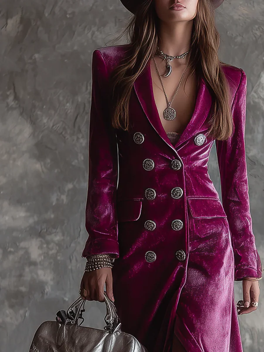 Purple Button-Down Velvet Long Blazer Maxi Dress Avalabel