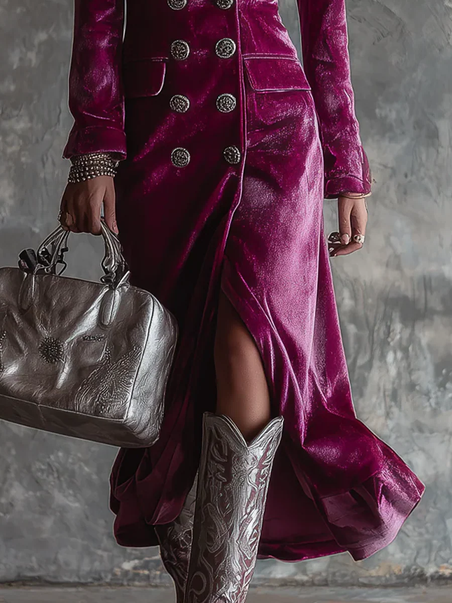 Purple Button-Down Velvet Long Blazer Maxi Dress Avalabel