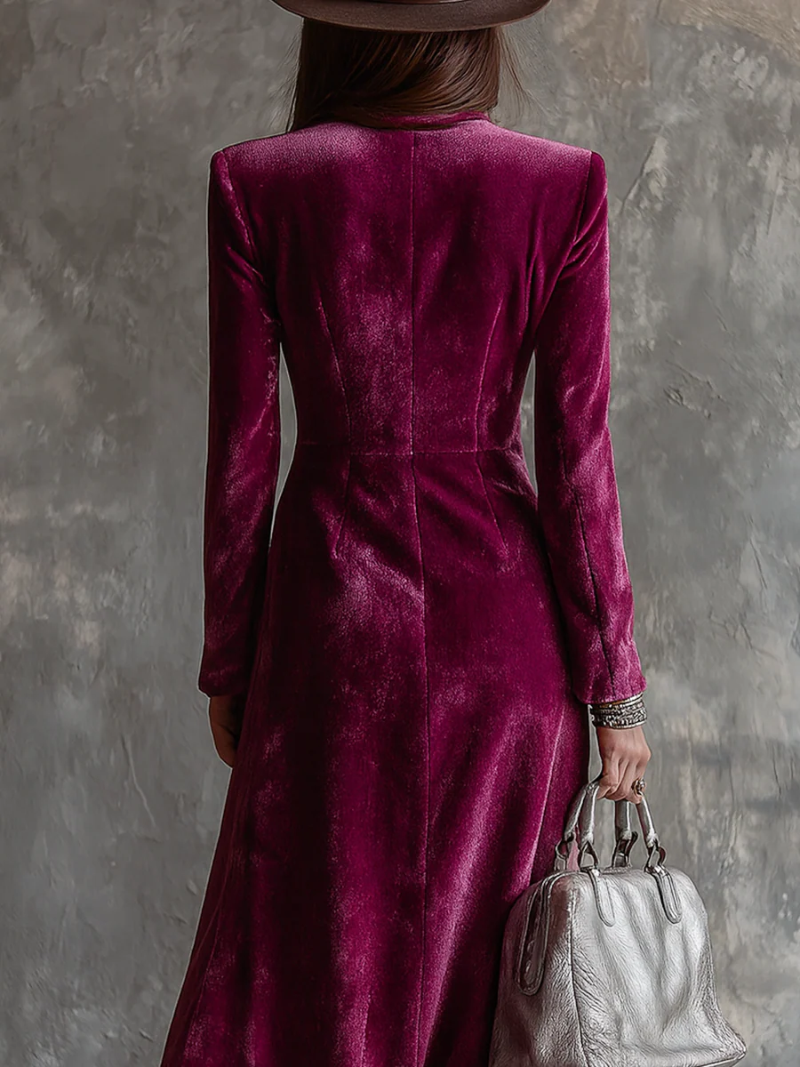 Purple Button-Down Velvet Long Blazer Maxi Dress Avalabel