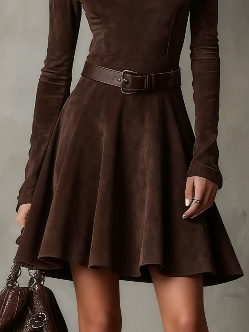 Vintage Dark Brown Suede Mock Neck Mini Dress Avalabel