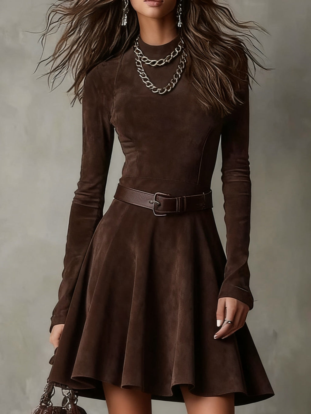 Vintage Dark Brown Suede Mock Neck Mini Dress Avalabel