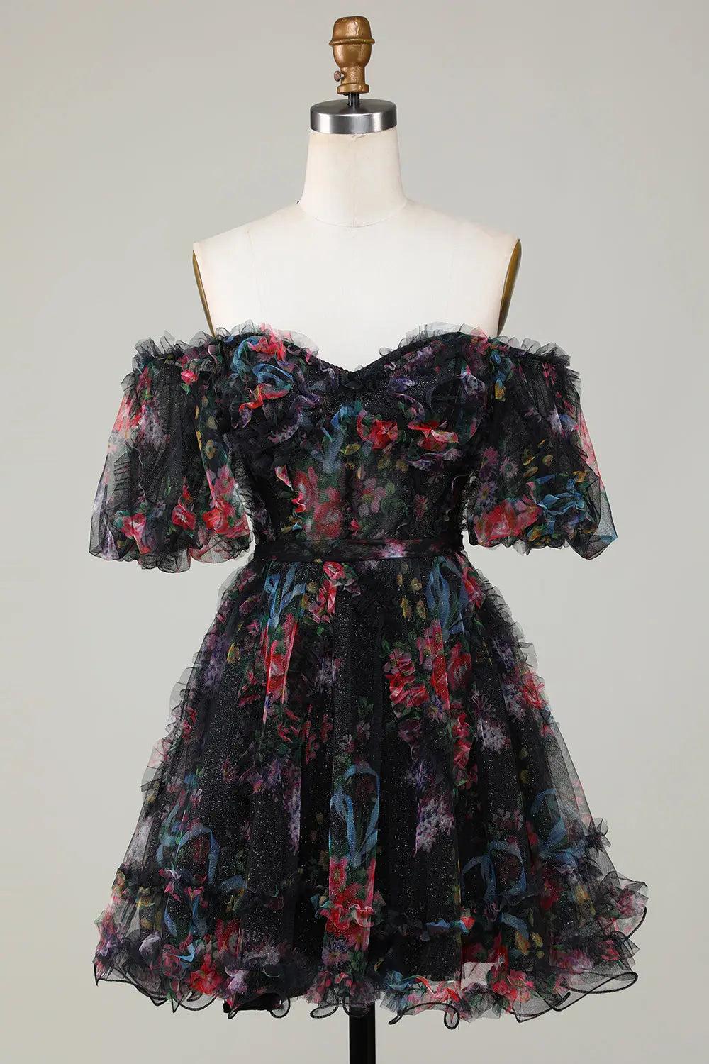 A Line Off Shoulder Fuchsia Tulle Short Homecoming Dress with Short Sleeves Avalabel