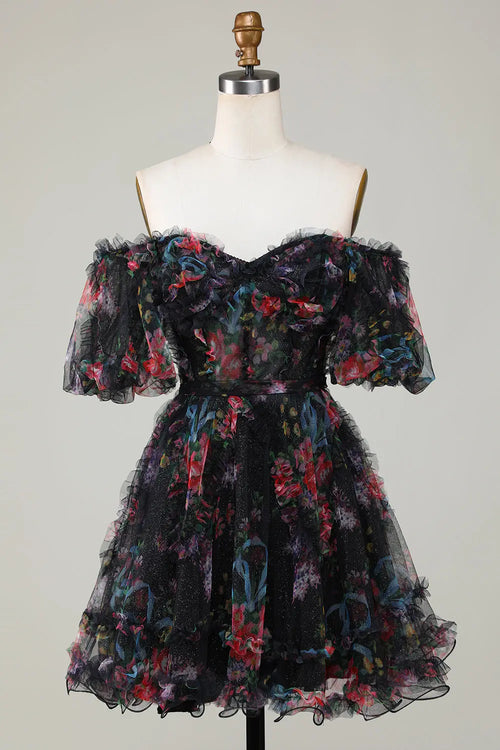 A Line Off Shoulder Fuchsia Tulle Short Homecoming Dress with Short Sleeves Avalabel