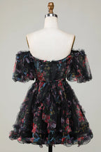 A Line Off Shoulder Fuchsia Tulle Short Homecoming Dress with Short Sleeves Avalabel