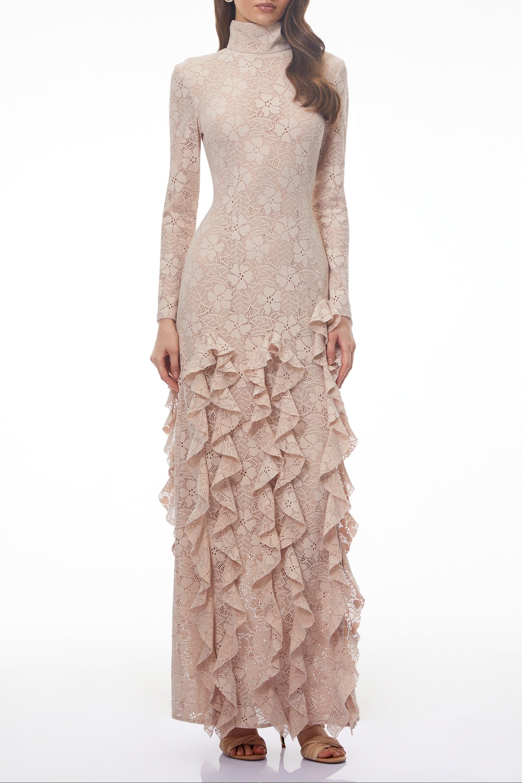 Michelle Nude Floral Lace Ruffled Maxi Dress Avalabel