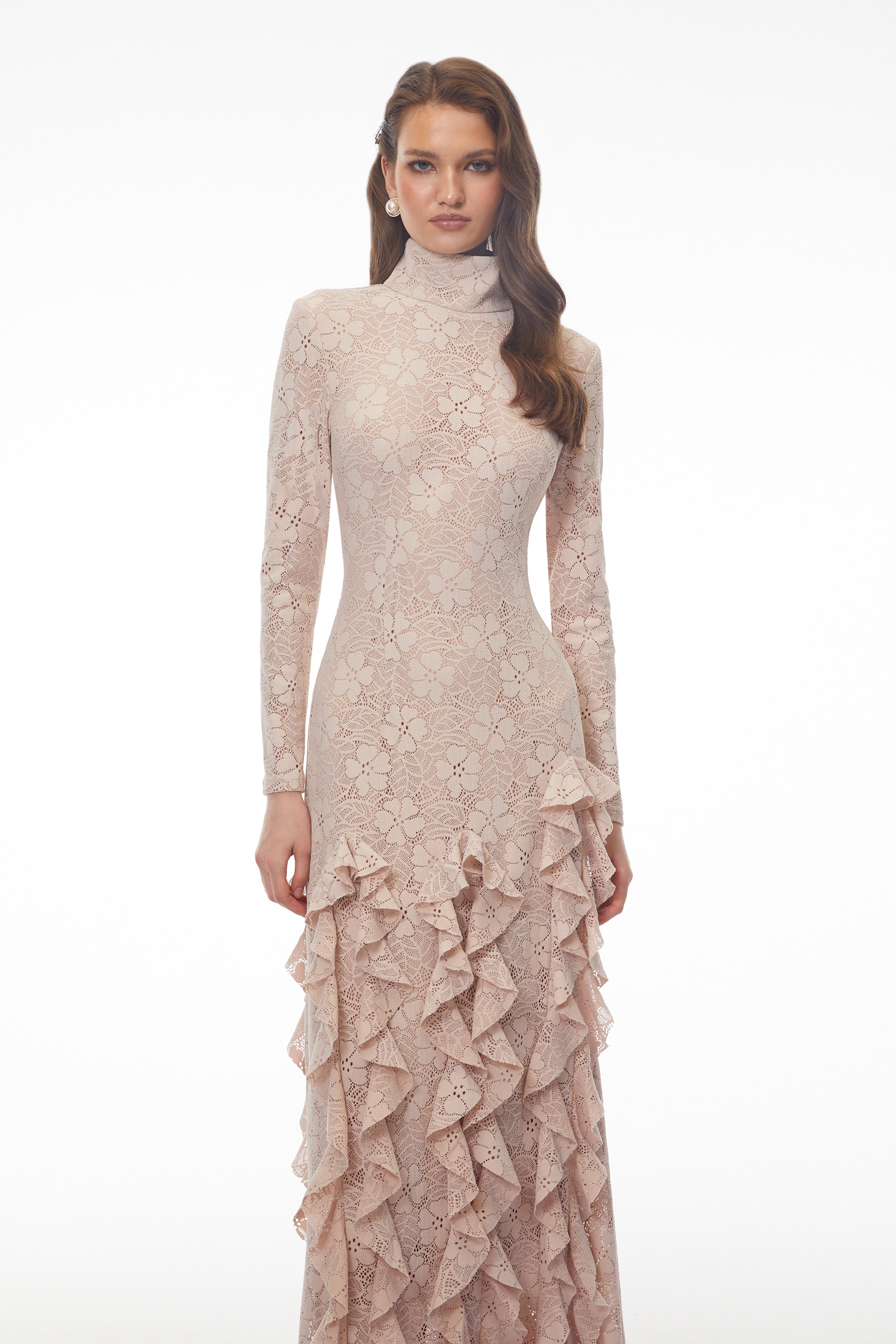 Michelle Nude Floral Lace Ruffled Maxi Dress Avalabel
