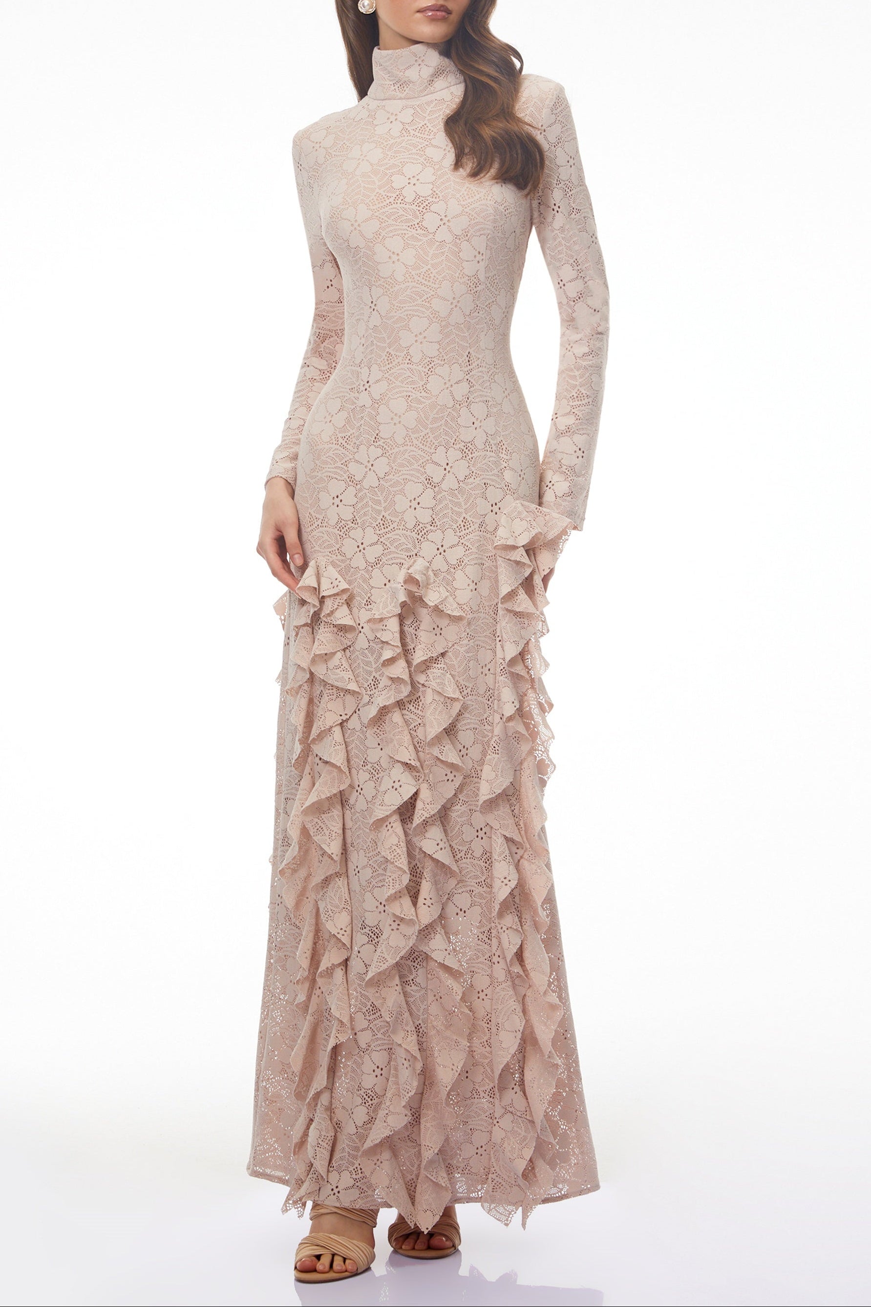 Michelle Nude Floral Lace Ruffled Maxi Dress Avalabel