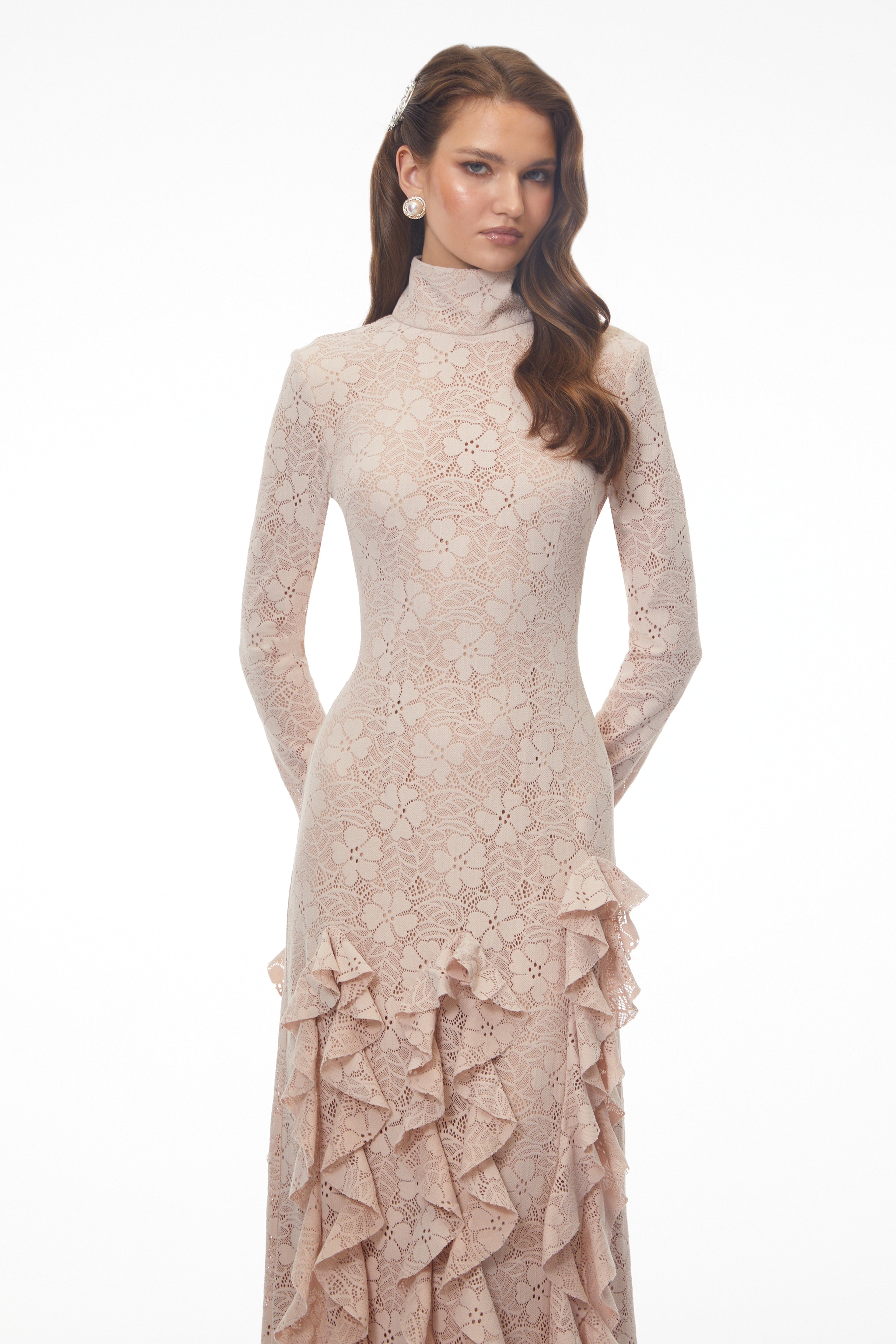 Michelle Nude Floral Lace Ruffled Maxi Dress Avalabel