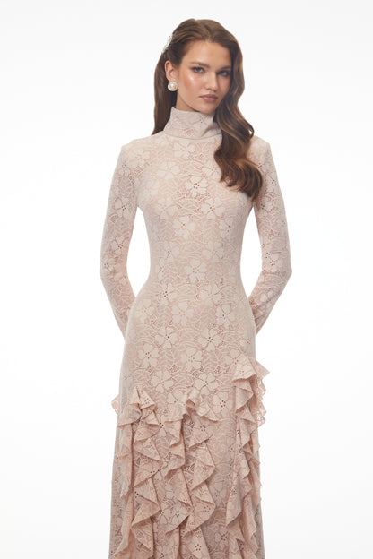 Michelle Nude Floral Lace Ruffled Maxi Dress